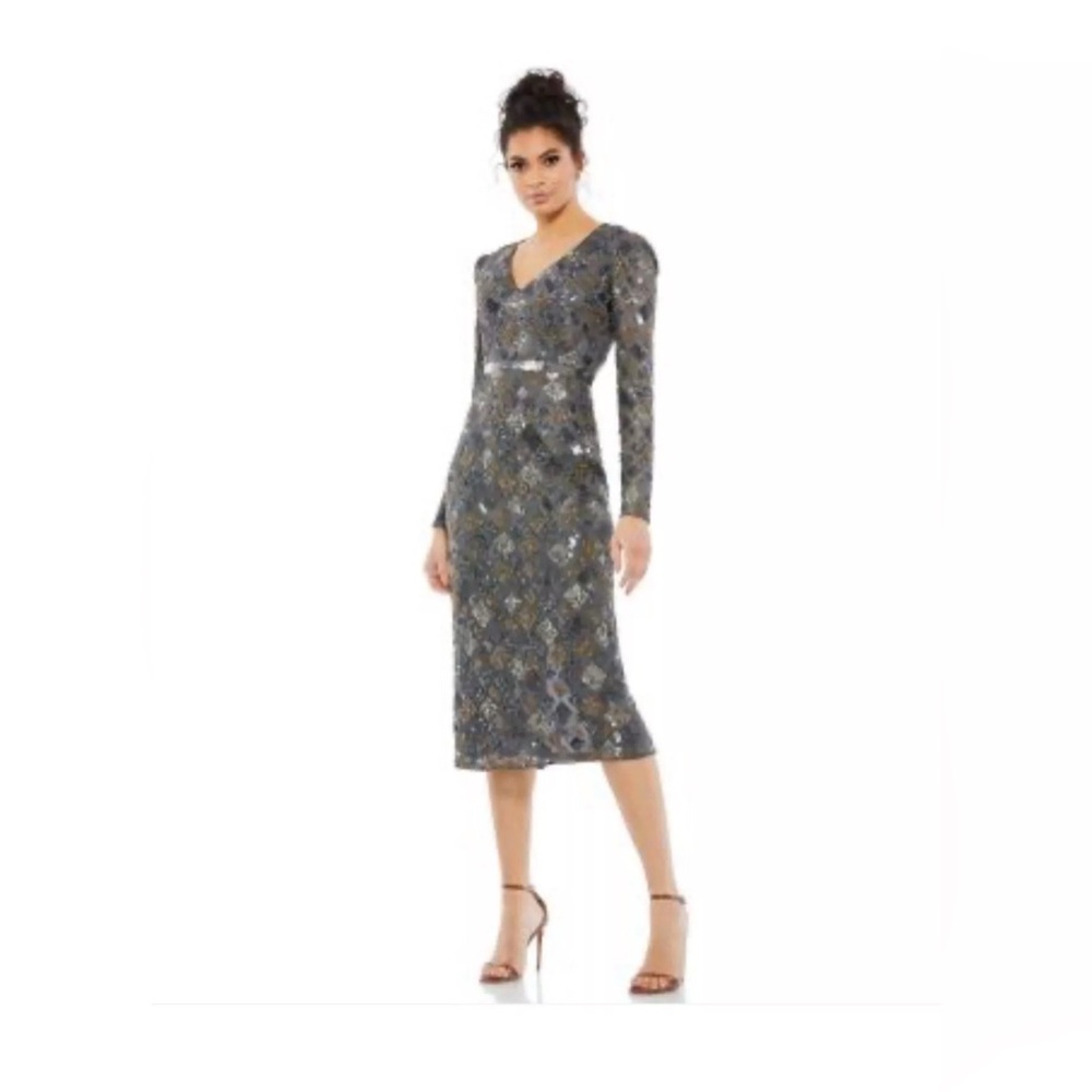 Mac Duggal 5472 Geo Embellished Tea Length Sheath Dress V Neck Charcoal Size 6